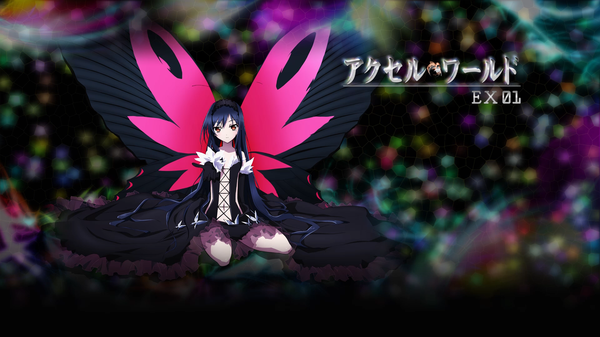 Anime picture 1920x1080 with accel world sunrise (studio) kuroyukihime single long hair looking at viewer highres black hair wide image sitting brown eyes wallpaper wariza insect wings butterfly wings logo girl dress gloves wings