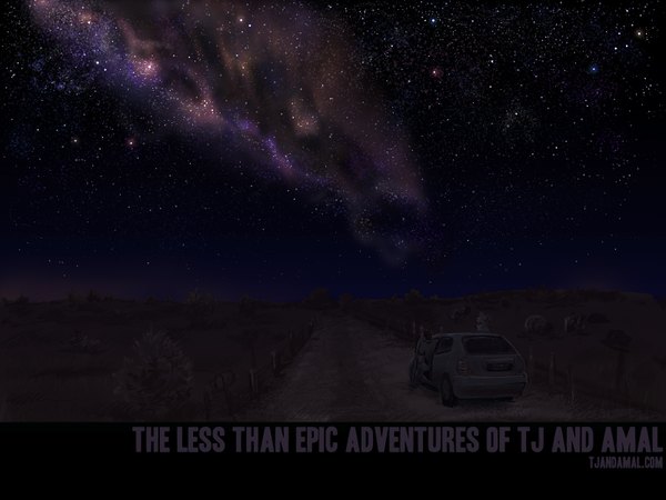 Anime picture 1600x1200 with the less than epic adventures of tj and amal bigbigtruck sky inscription night night sky landscape scenic milky way star (stars) ground vehicle car road