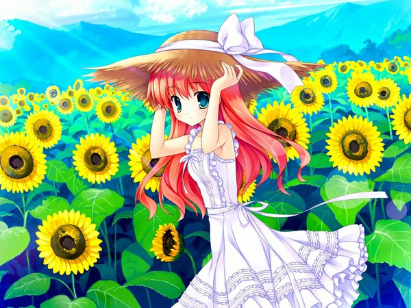 Anime picture 1024x768 with yuyukana takasaki honoka mitha long hair blue eyes game cg red hair loli girl hat sundress