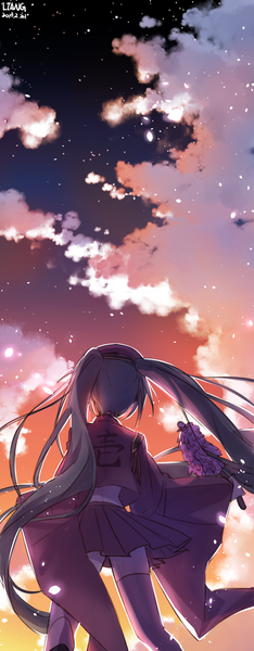 Anime picture 893x2287 with vocaloid senbonzakura (vocaloid) hatsune miku liang liang single tall image fringe standing twintails holding signed sky cloud (clouds) long sleeves very long hair pleated skirt green hair from behind wide sleeves midriff