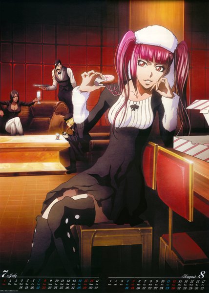 Anime picture 2852x4000 with bleach studio pierrot dokugamine riruka tall image highres short hair black hair blonde hair sitting twintails brown eyes pink hair absurdres scan official art eating playing games calendar 2012 girl dress