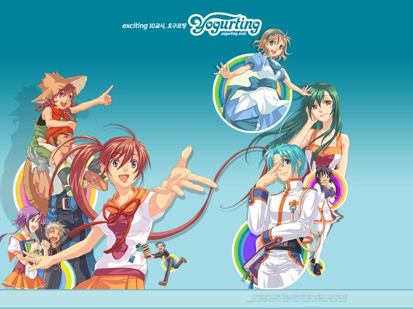 Anime picture 1600x1200 with yogurting long hair short hair open mouth blue eyes smile purple eyes multiple girls brown eyes purple hair red hair eyes closed :d green hair aqua hair multiple boys copyright name gradient background blue background group