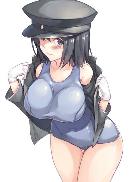 Anime picture 715x1000 with kantai collection akitsumaru dock landing ship mikage sekizai single tall image looking at viewer blush short hair breasts blue eyes light erotic black hair simple background large breasts white background girl gloves navel swimsuit jacket