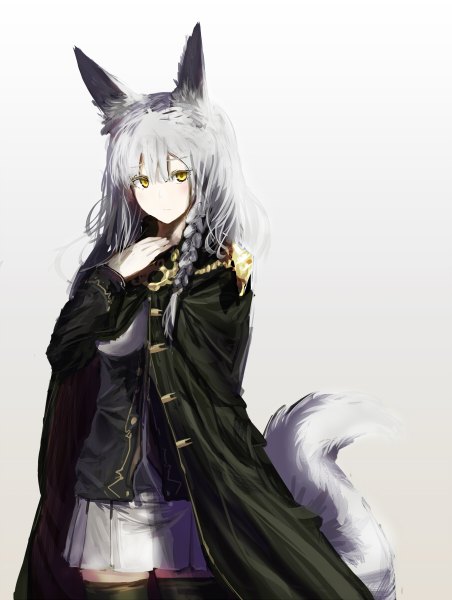 Anime picture 904x1200 with original inabi single long hair tall image looking at viewer fringe simple background hair between eyes standing animal ears yellow eyes silver hair tail braid (braids) long sleeves animal tail pleated skirt grey background zettai ryouiki