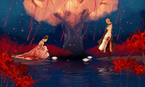 Anime picture 1191x714 with original ibuki satsuki short hair brown hair wide image standing sky traditional clothes profile night night sky couple looking down squat river lake bald girl dress boy