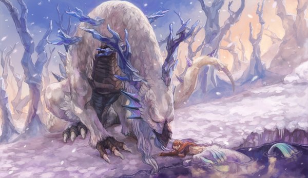 Anime picture 1800x1043 with oca (pixiv) long hair highres brown hair wide image lying eyes closed horn (horns) wind snowing winter snow elf plant (plants) animal tree (trees) water dragon monster beard