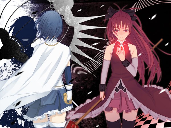 Anime picture 1600x1200 with mahou shoujo madoka magica shaft (studio) sakura kyouko miki sayaka damegane long hair short hair red eyes multiple girls blue hair ponytail red hair from behind silhouette girl skirt bow 2 girls hair bow miniskirt