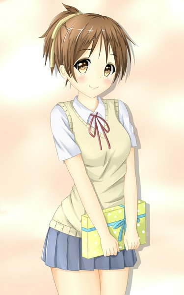 Anime picture 563x900 with k-on! kyoto animation hirasawa yui hirasawa ui tear yu single tall image looking at viewer blush fringe short hair smile brown hair brown eyes girl skirt gift clothes