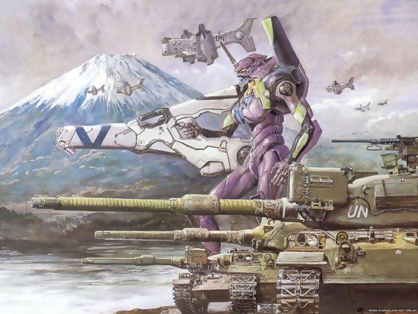 Anime picture 1024x768 with neon genesis evangelion rebuild of evangelion evangelion: 2.0 you can (not) advance gainax eva 01 sky cloud (clouds) mountain lake army gun ground vehicle mecha tank caterpillar tracks helicopter