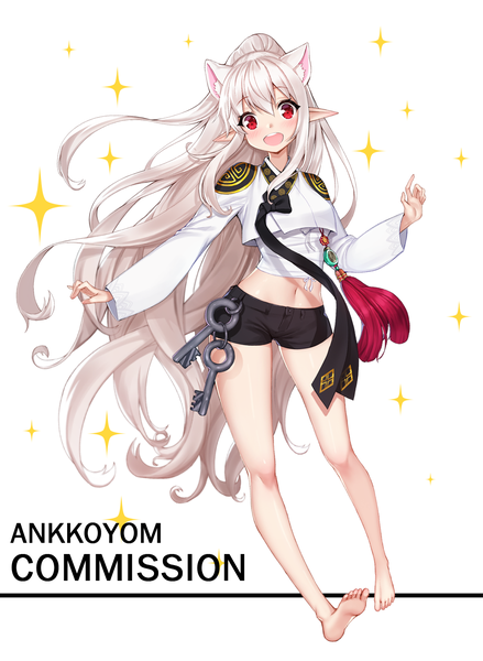Anime picture 1000x1366 with original ango single tall image looking at viewer blush fringe simple background hair between eyes red eyes white background signed animal ears full body white hair ponytail very long hair head tilt barefoot pointy ears