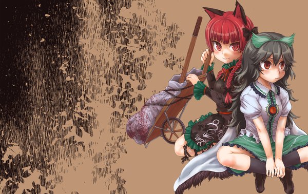 Anime picture 1900x1200 with touhou reiuji utsuho kaenbyou rin highres black hair red eyes red hair girl