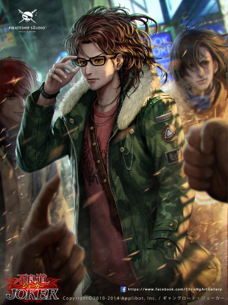 Anime picture 900x1200 with joker ~gang road~ chrisnfy85 long hair tall image brown hair brown eyes signed lips open clothes open jacket hand in pocket pointing adjusting glasses boy earrings glasses jacket bracelet fur bag