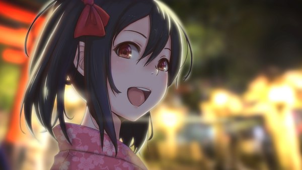 Anime picture 1536x864 with love live! school idol project sunrise (studio) love live! yazawa nico maru (maru1625) single fringe short hair open mouth black hair hair between eyes wide image twintails brown eyes traditional clothes japanese clothes looking back blurry short twintails close-up