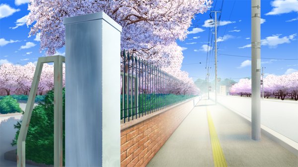 Anime picture 1024x576 with da capo iii wide image game cg sky cloud (clouds) cherry blossoms no people landscape plant (plants) tree (trees) fence road