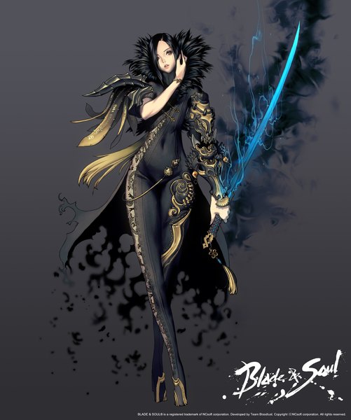 Anime picture 1600x1915 with blade & soul jin seo yeon kim hyung tae single tall image looking at viewer highres short hair open mouth black hair simple background red eyes grey background torn clothes magic covered navel adjusting hair thick thighs girl weapon