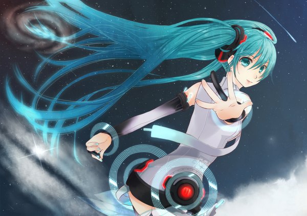 Anime picture 2000x1410 with vocaloid vocaloid append hatsune miku hatsune miku (append) highres green eyes aqua hair space girl headphones star (stars)