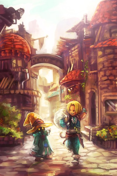 Anime picture 1000x1500 with final fantasy ix zidane tribal vivi ornitier tsuyomaru tall image highres short hair open mouth blonde hair smile black eyes boy gloves flower (flowers) weapon sword dagger