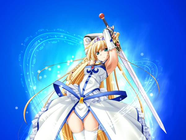 Anime picture 1024x768 with princess waltz iris (princess waltz) long hair blonde hair armpit (armpits) wallpaper thighhighs sword tiara