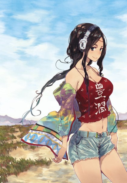 Anime picture 754x1080 with original hrd single long hair tall image looking at viewer black hair bare shoulders sky cloud (clouds) black eyes bare belly hand on hip girl navel shorts headphones wire (wires)