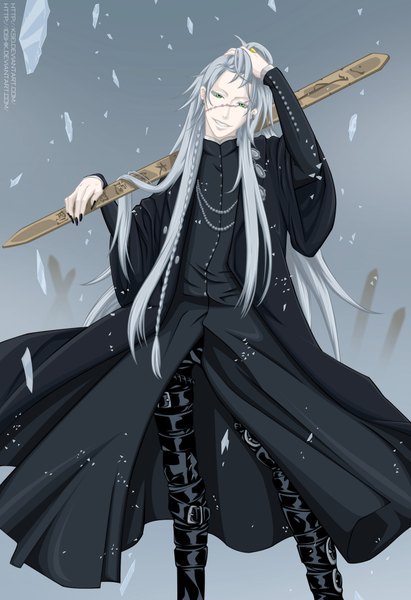 Anime picture 1372x2000 with kuroshitsuji a-1 pictures undertaker ksei single long hair tall image smile green eyes silver hair fingernails piercing coloring scar long fingernails boy weapon earrings cloak ring