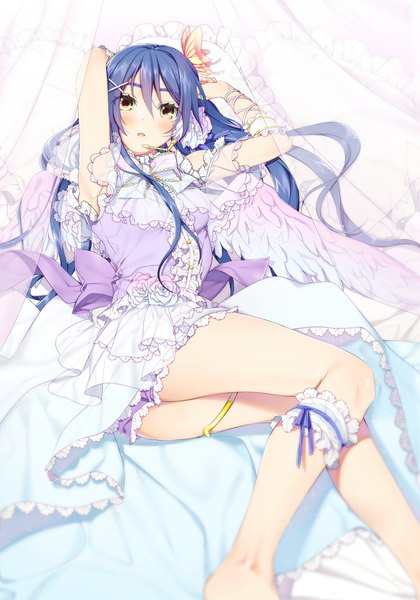 Anime picture 1144x1635 with love live! school idol project sunrise (studio) love live! sonoda umi yana mori single long hair tall image looking at viewer blush light erotic brown eyes blue hair bent knee (knees) lying parted lips blurry arms up on side angel wings