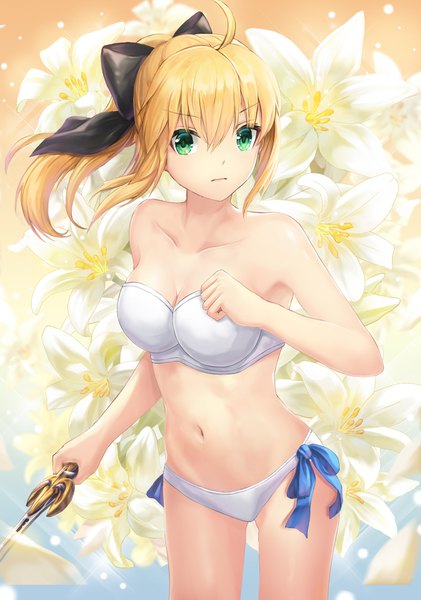 Anime picture 800x1139 with fate (series) fate/stay night fate/unlimited codes artoria pendragon (all) saber lily lunacle single long hair tall image looking at viewer fringe breasts light erotic blonde hair hair between eyes bare shoulders holding green eyes ahoge ponytail