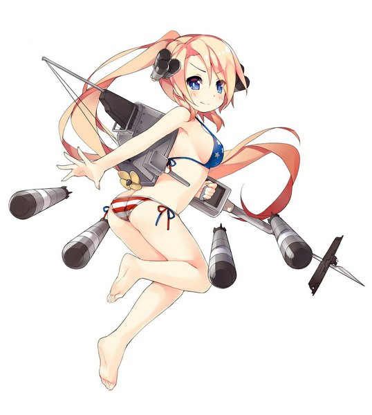 Anime picture 835x930 with original uss archerfish (ss-311) saru (longbb) single tall image looking at viewer blush breasts blue eyes light erotic blonde hair simple background smile large breasts white background ass ponytail very long hair barefoot outstretched arm