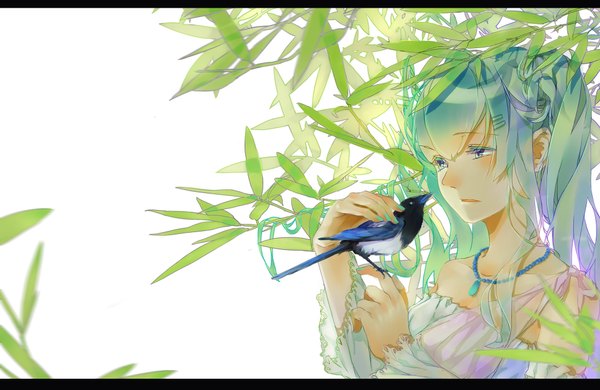 Anime picture 2016x1313 with vocaloid hatsune miku momozi (mkingnight) single long hair highres blue eyes twintails bare shoulders looking away aqua hair girl hair ornament plant (plants) animal hairclip bird (birds)
