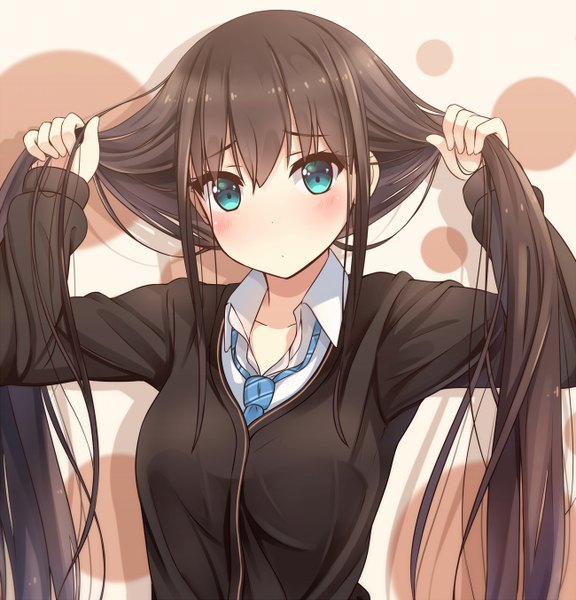 Anime picture 1300x1352 with idolmaster idolmaster cinderella girls shibuya rin hiiragi hajime single long hair tall image looking at viewer blush fringe breasts brown hair large breasts twintails aqua eyes :o open collar polka dot polka dot background girl