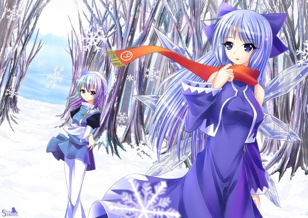 Anime picture 1753x1240 with touhou cirno letty whiterock silversirius long hair highres blue eyes red eyes multiple girls blue hair purple hair dutch angle winter snow girl 2 girls plant (plants) wings tree (trees) scarf