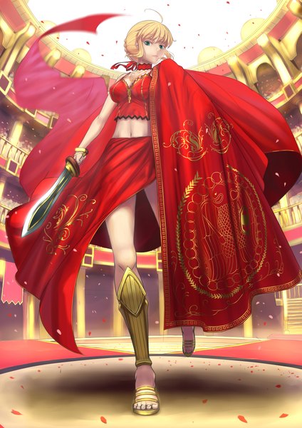 Anime picture 1403x1984 with fate (series) fate/stay night fate/extra studio deen type-moon artoria pendragon (all) saber nero claudius (fate) (all) nero claudius (fate) tsukikanade single tall image short hair blonde hair green eyes ahoge shadow midriff legs girl