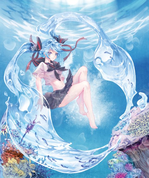 Anime picture 1007x1205 with vocaloid hatsune miku bottle miku dk (pixiv 5088941) single tall image looking at viewer blush blue eyes twintails blue hair very long hair pleated skirt barefoot underwater liquid hair girl skirt uniform ribbon (ribbons)