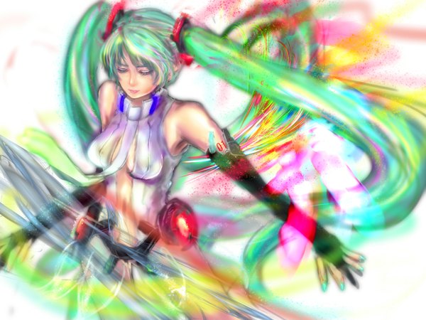 Anime picture 1400x1050 with vocaloid vocaloid append hatsune miku hatsune miku (append) nijineko single breasts twintails bare shoulders eyes closed very long hair nail polish green hair blurry bare belly floating hair spread arms multicolored body writing girl