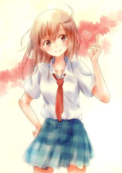 Anime picture 800x1130 with original mogupon single long hair tall image blush fringe simple background smile brown hair brown eyes looking away ahoge light smile hand on hip open collar girl uniform school uniform shirt