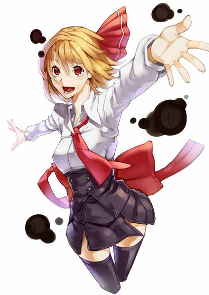 Anime picture 742x1049 with touhou rumia scottie (phantom2) single tall image looking at viewer short hair open mouth simple background blonde hair red eyes white background spread arms girl thighhighs bow black thighhighs hair bow