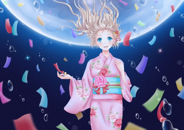 Anime picture 1200x848 with original moyiche single long hair blush open mouth blue eyes blonde hair japanese clothes tanabata girl hair ornament kimono moon obi bubble (bubbles)