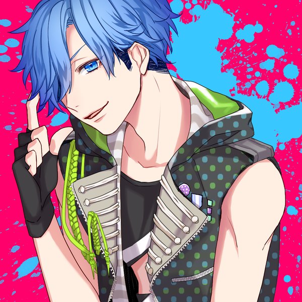 Anime picture 1000x1000 with b-project a-1 pictures aizome kento ykrk 10 single fringe short hair blue eyes blue hair looking away upper body light smile hair over one eye boy gloves fingerless gloves vest