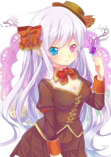 Anime picture 2480x3507 with original nyori single long hair tall image blush highres looking away white hair heterochromia girl dress bow hair bow hat
