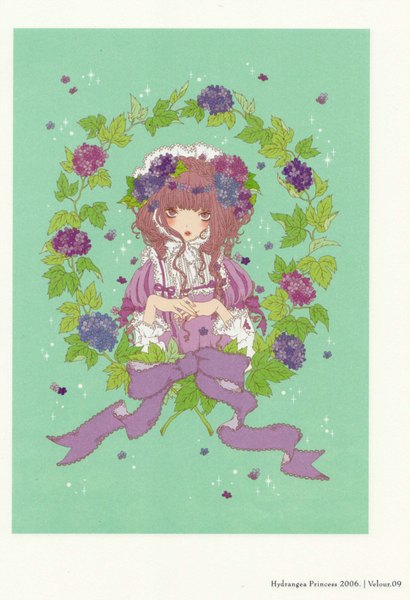 Anime picture 1080x1580 with original kira imai (artist) long hair tall image blush brown hair brown eyes scan lolita fashion curly hair sweet lolita girl dress flower (flowers) ribbon (ribbons) petals headdress wreath hydrangea