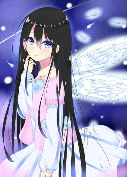 Anime picture 1600x2215 with original hiiragi natume single long hair tall image looking at viewer blush blue eyes black hair girl dress bow wings feather (feathers)