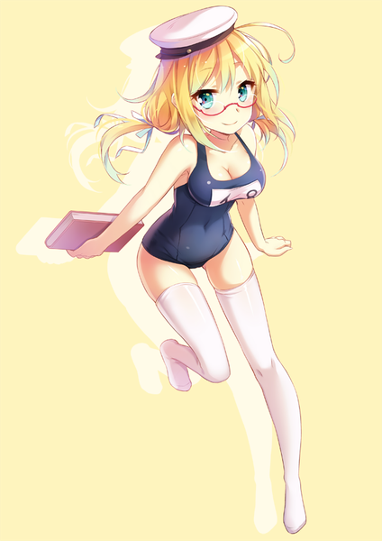 Anime picture 636x900 with kantai collection i-8 submarine nyanya single long hair tall image looking at viewer blush breasts blue eyes light erotic blonde hair smile twintails cleavage no shoes zettai ryouiki girl thighhighs ribbon (ribbons)
