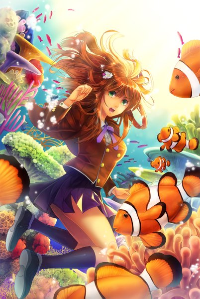 Anime picture 900x1343 with original ells (ellsat) long hair tall image open mouth green eyes pleated skirt hair flower sunlight orange hair underwater girl skirt uniform hair ornament flower (flowers) school uniform socks necktie black socks