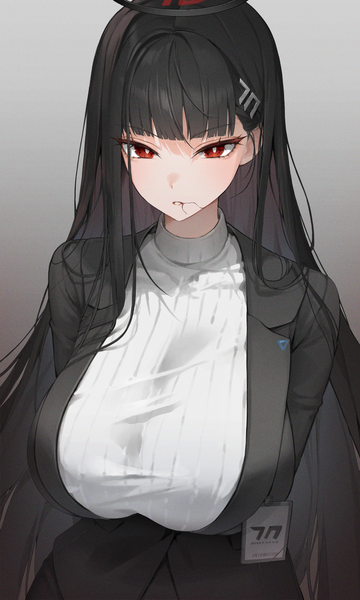 Anime picture 3000x5000 with blue archive rio (blue archive) bbakasatang single long hair tall image fringe highres breasts light erotic black hair simple background red eyes looking away upper body blunt bangs parted lips huge breasts gradient background hair in mouth