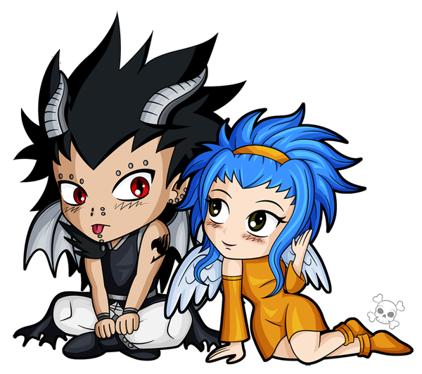 Anime picture 1024x909 with fairy tail gajeel redfox levy mcgarden zombiegirl01 long hair blush black hair smile red eyes sitting bare shoulders green eyes blue hair horn (horns) tattoo crossed legs piercing transparent background chibi demon wings