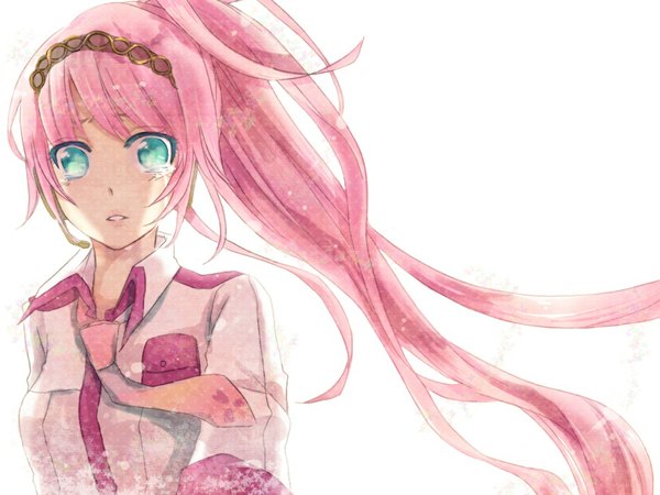 Anime picture 1024x768 with vocaloid megurine luka miyake achi single long hair fringe open mouth simple background white background pink hair ponytail tears crying girl necktie microphone