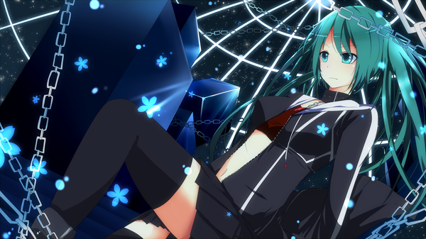 Anime picture 1792x1008 with vocaloid hatsune miku bloodcatblack (tsukiko) single long hair highres wide image twintails green eyes green hair black rock shooter (cosplay) girl thighhighs skirt navel flower (flowers) black thighhighs miniskirt chain