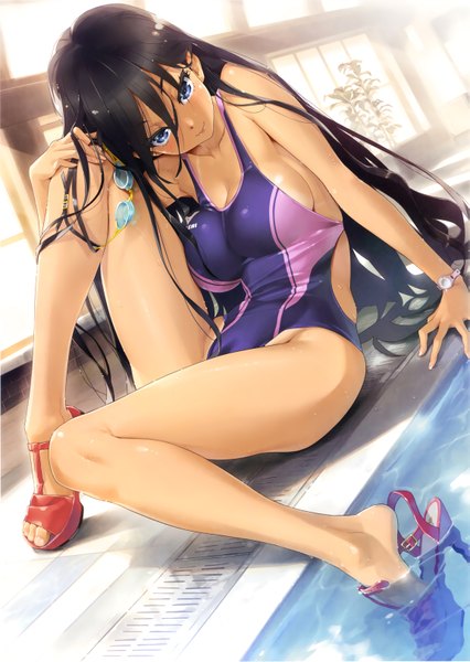 Anime picture 2301x3243 with comic toranoana happoubi jin single long hair tall image looking at viewer blush highres breasts blue eyes light erotic black hair scan girl swimsuit one-piece swimsuit competition swimsuit