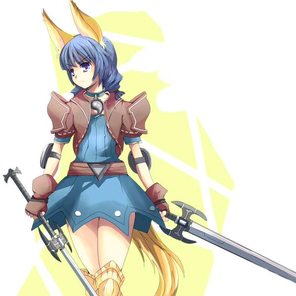 Anime picture 1000x1000 with tera online single long hair purple eyes animal ears blue hair animal tail yellow background girl gloves weapon sword