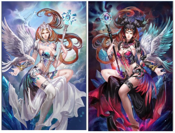 Anime picture 1334x1014 with jjlovely long hair breasts brown hair brown eyes cloud (clouds) barefoot light smile magic multiview dual persona girl thighhighs navel animal choker bracelet armor bird (birds) staff