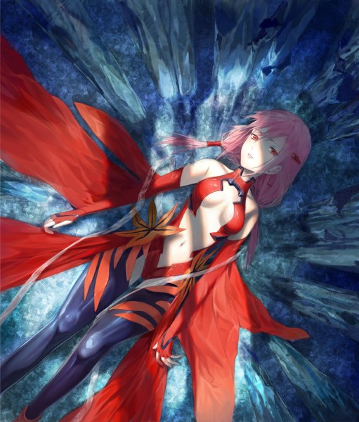 Anime picture 855x1004 with guilty crown production i.g yuzuriha inori single long hair tall image looking at viewer light erotic red eyes bare shoulders pink hair center opening girl navel detached sleeves bodysuit